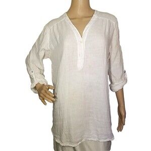 RoseMarine Italy Sz Small 3/4 Roll Tab Sleeve White Linen Henley Tunic Top   T52